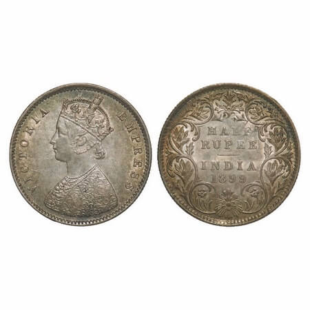 Victoria Empress, Silver, Half Rupee, 1899, Bombay Mint, A/I, 'B' incused, B incused inver