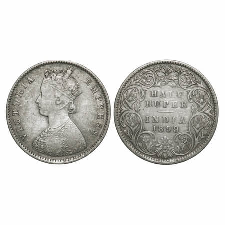Victoria Empress, Silver, Half Rupee, 1899, Bombay Mint, A/I, 'B' incused, B incused inver