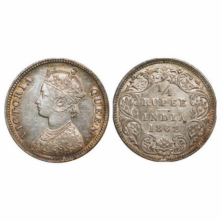 Victoria Queen, Silver, 1/4 Rupee, 1862, Calcutta Mint, A/I. F. Prid 376. GK 375. Extremel