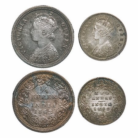 Victoria Queen, Silver, 1862 (2 coins), 1) 1/4 Rupee, Madras Mint, A/I, 2) 2 Annas, Calcut