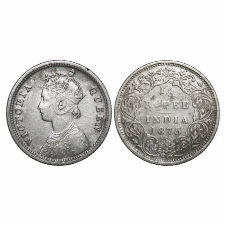 Victoria Queen, Silver, 1/4 Rupee, 1875, Bombay Mint, A/I, No dot. F. Prid 406. GK 666. Ve