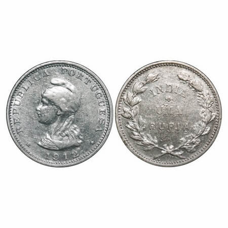 Indo Portuguese, Silver Rupia, 11.63g, Republic (1910-1961 AD), 1912 (2 overstruck on 1 in