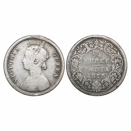 Victoria Queen, Silver, 1/4 Rupee, 1875, Calcutta Mint, A/I, No mint mark, No 'C'. F. Prid