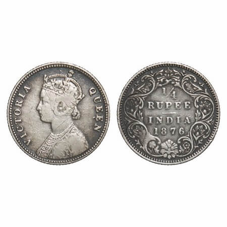 Victoria Empress, Silver, 1/4 Rupee, 1876, Calcutta Mint, A/I, No mint mark, No C. F. Prid