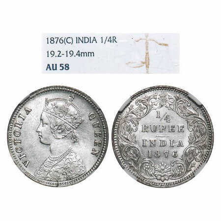 Victoria Queen, Silver, 1/4 Rupee, 1876, Calcutta Mint, A/I, No mint mark, No 'C'. F. Prid