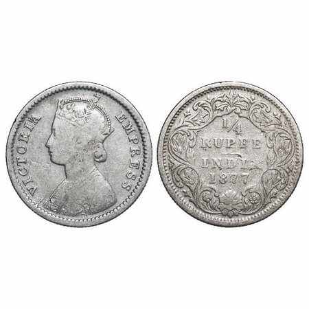 Victoria Empress, Silver, 1/4 Rupee, 1877, Bombay Mint, B/I, Dot. F. Prid 409. GK 671. Fin