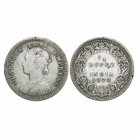 Victoria Empress, Silver, 1/4 Rupee, 1878, Calcutta Mint, C/II, No mint mark, No 'C'. F. P