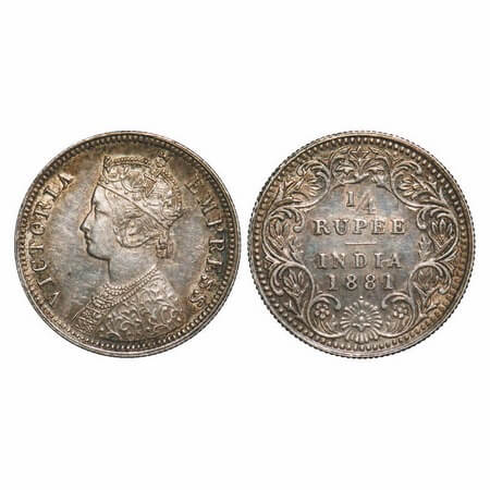 Victoria Empress, Silver, 1/4 Rupee, 1881, Bombay Mint, A/II, Dot. F. Prid 410. GK 676. Ab