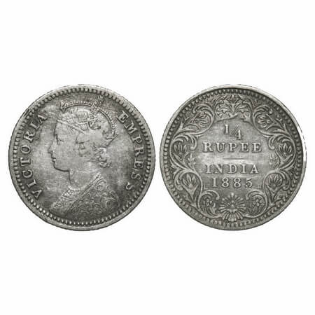 Victoria Empress, Silver, 1/4 Rupee, 1885, Calcutta Mint, C/II, 'C' incused. F. Prid 390. 