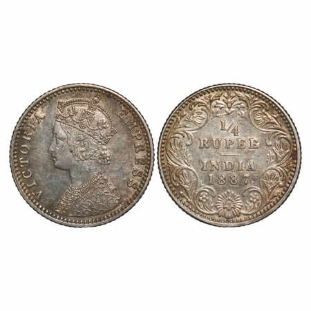 Victoria Empress, Silver, 1/4 Rupee, 1887, Bombay Mint, C(i)/II, 'B' raised. F. Prid 420.