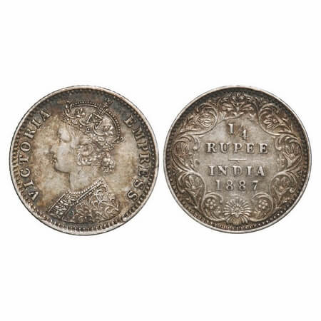Victoria Empress, Silver, 1/4 Rupee, 1887, Bombay Mint, C(i)/II, 'B' raised. F. Prid 420. 