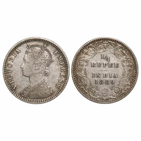 Victoria Empress, Silver, 1/4 Rupee, 1889, Bombay Mint, C(i)/II, 'B' incused. F. Prid 423.
