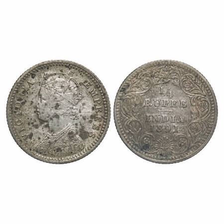 Victoria Empress, Silver, 1/4 Rupee, 1891, Calcutta Mint, C/II, 'C' incused. F. Prid 396. 