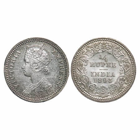 Victoria Empress, Silver, 1/4 Rupee, 1893, Calcutta Mint, C/II, 'C' incused. F. Prid 398.
