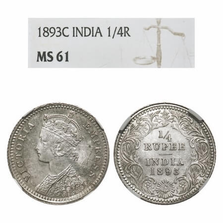 Victoria Empress, Silver, 1/4 Rupee, 1893, Calcutta Mint, C/II, 'C' incused. F. Prid 398. 