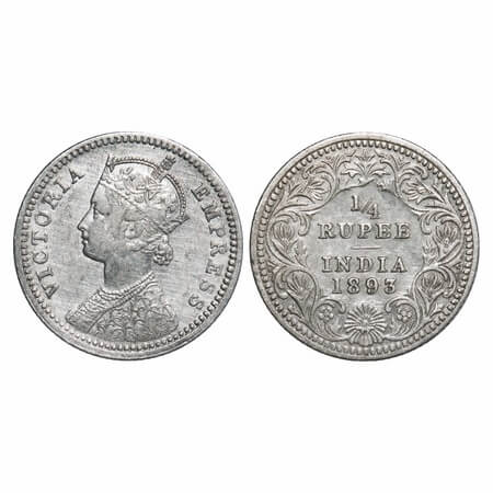 Victoria Empress, Silver, 1/4 Rupee, 1893, Calcutta Mint, C/II, 'C' incused. F. Prid 398. 