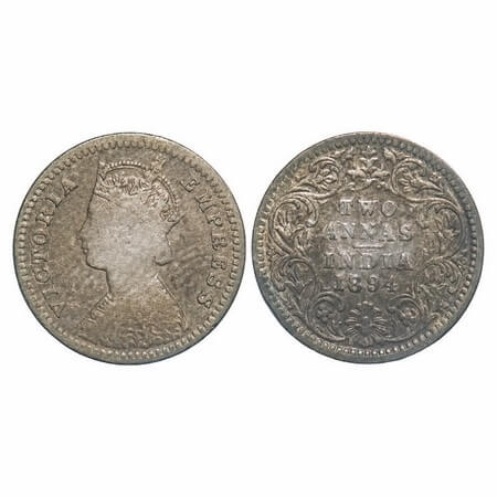 Victoria Empress, Silver, 2 Annas, 1894, Bombay Mint, C(i)/I, 'B' incused. F. Prid 549. GK