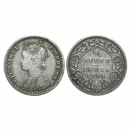 Victoria Empress, Silver, 1/4 Rupee, 1894, Bombay Mint, C(i)/I, 'B' incused. F. Prid 428. 