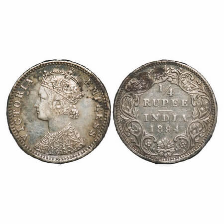Victoria Empress, Silver, 1/4 Rupee, 1894, Bombay Mint, C(i)/I, 'B' incused. F. Prid 428. 