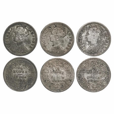 Victoria Empress, Silver, 1/4 Rupee, 1894 (3 coins), Calcutta Mint, C/II, 'C' incused. F. 