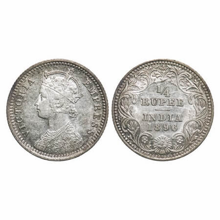 Victoria Empress, Silver, 1/4 Rupee, 1896, Calcutta Mint, C/II, 'C' incused. F. Prid 400. 