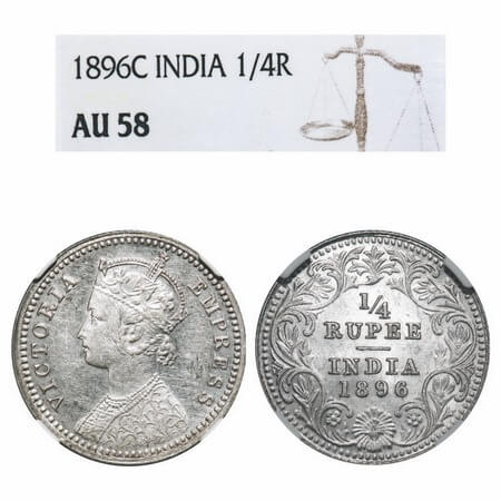 Victoria Empress, Silver, 1/4 Rupee, 1896, Calcutta Mint, C/II, 'C' incused. F. Prid 400. 