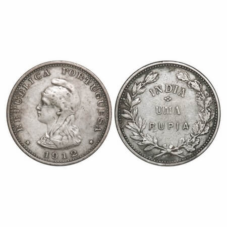 Indo Portuguese, Silver Rupia, 11.50g, Republic (1910-1961 AD), 1912 (overstruck 2 over 1 
