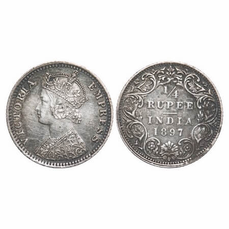 Victoria Empress, Silver, 1/4 Rupee, 1897, Bombay Mint, C(i)/I, 'B' incused. F. Prid 430. 