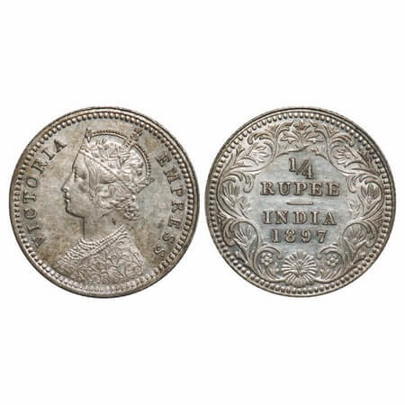 Victoria Empress, Silver, 1/4 Rupee, 1897, Calcutta Mint, C/II, 'C' incused. F. Prid 401. 