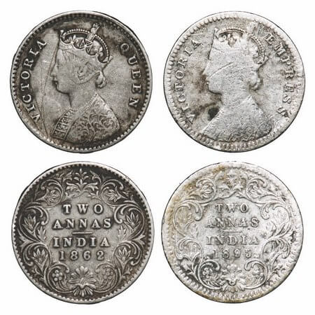 Victoria Queen & Empress, Silver, 2 Annas, (2 coins), Calcutta Mint, 1) 1862, A/I, Bottom 