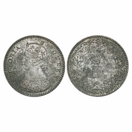 Victoria Queen, Silver, 2 Annas, 1862, Calcutta Mint, A/I, Bottom flower centre top petal 
