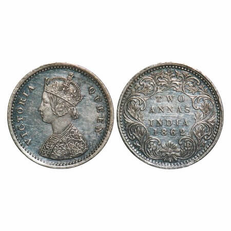 Victoria Queen, Silver, 2 Annas, 1862, Bombay Mint, A/I,Bottom flower centre top petal bro