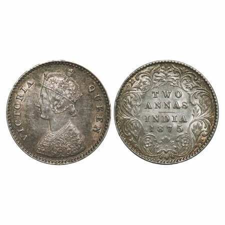 Victoria Queen, Silver, 2 Annas, 1875, Calcutta Mint, A/I, No mint mark, An vertical cross