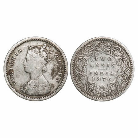 Victoria Queen, Silver, 2 Annas, 1876, Bombay Mint, A/I, No mint mark, No dot. F. Prid 518
