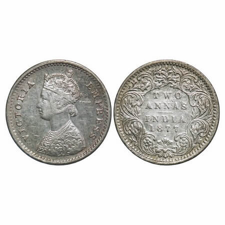 Victoria Empress, Silver, 2 Annas, 1877, Bombay Mint, A/I, Dot. F. Prid 520. GK 746. Very 