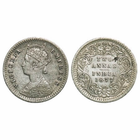 Victoria Empress, Silver, 2 Annas, 1877, Bombay Mint, B/II, Dot, MULE, Obv Calcutta Rev Bo