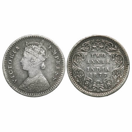 Victoria Empress, Silver, 2 Annas, 1877, Bombay Mint, B/II, Dot, MULE, Dot is positioned o