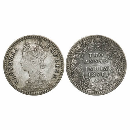Victoria Empress, Silver, 2 Annas, 1878, Calcutta Mint, B/II, No mint mark. F. Prid 493. G