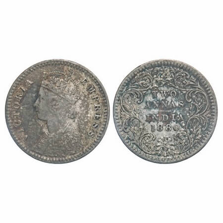 Victoria Empress, Silver, 2 Annas, 1880, Calcutta Mint, B/II, 'C' incused. F. Prid 495. GK