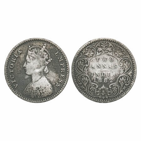 Victoria Empress, Silver, 2 Annas, 1882, Bombay Mint, A/I, Dot. F. Prid 525. GK 759. Fine+