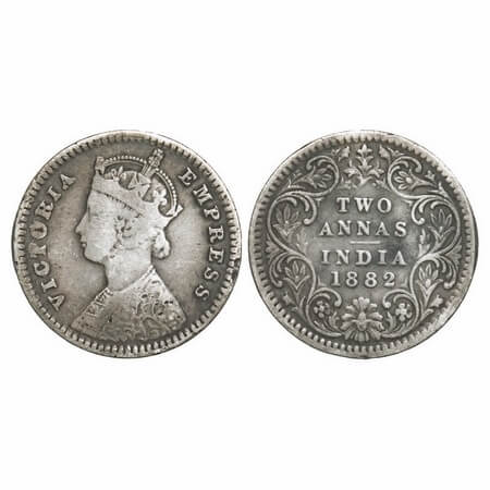 Victoria Empress, Silver, 2 Annas, 1882, Calcutta Mint, B/II, 'C' incused. F. Prid 497. GK