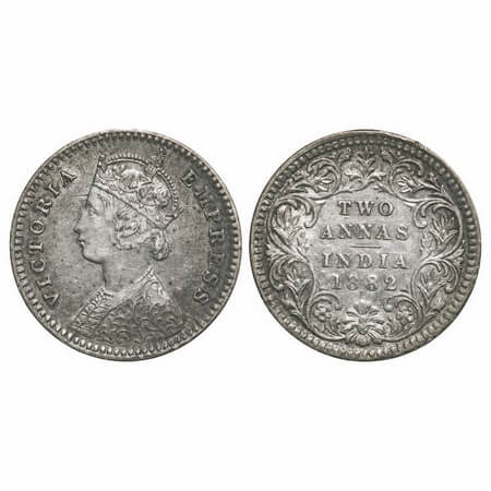 Victoria Empress, Silver, 2 Annas, 1882, Calcutta Mint, B/II, 'C' incused. F. Prid 497. GK