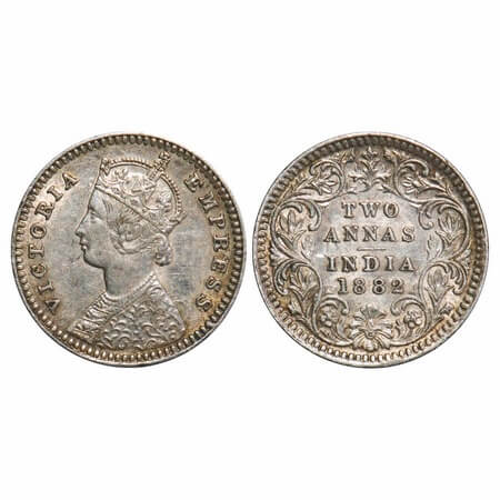 Victoria Empress, Silver, 2 Annas, 1882, Calcutta Mint, B/II, 'C' incused. F. Prid 497. GK