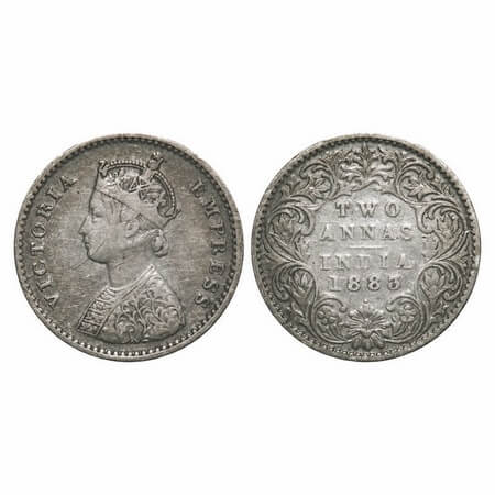 Victoria Empress, Silver, 2 Annas, 1883, Bombay Mint, A/I, Dot. F. Prid 522. GK 765. Fine+