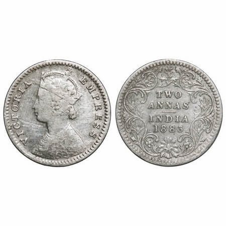 Victoria Empress, Silver, 2 Annas, 1883, Calcutta Mint, B/II, 'C' incused. F. Prid 496. GK