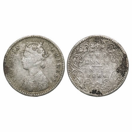 Victoria Empress, Silver, 2 Annas, 1884, Bombay Mint, A/I, 'B' raised. F. Prid 533. GK 771