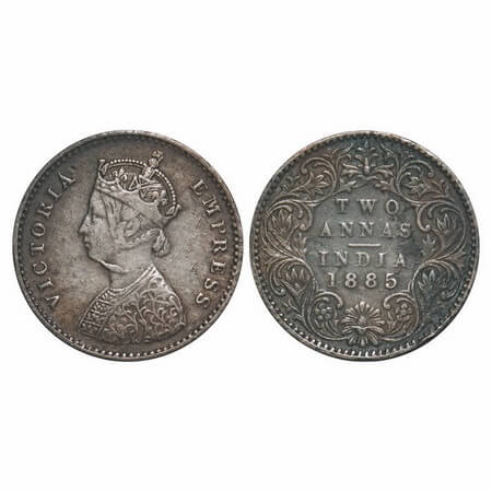 Victoria Empress, Silver, 2 Annas, 1885, Bombay Mint, A/I, 'B' raised, Extra metal below t