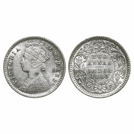 Victoria Empress, Silver, 2 Annas, 1885, Calcutta Mint, B/II, 'C' incused. F. Prid 500. GK