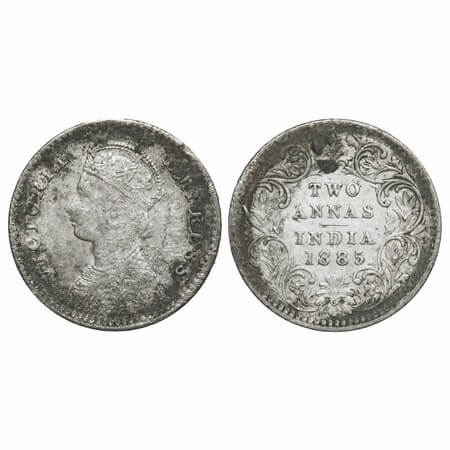 Victoria Empress, Silver, 2 Annas, 1885, Calcutta Mint, B/II, 'C' incused. F. Prid 500. GK