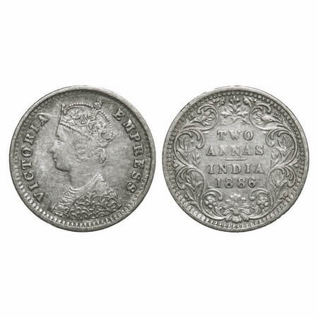 Victoria Empress, Silver, 2 Annas, 1886, Bombay Mint, B/II, 'B' incused. F. Prid 539. GK 7